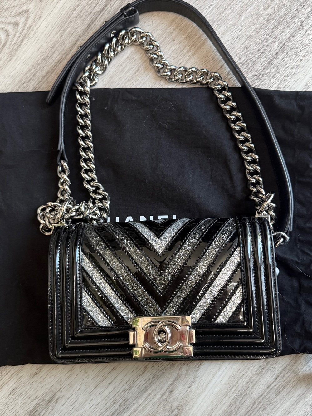 Chanel Boy Chevron Small Patent Glitter Shoulder Bag Black Silver- w/ card